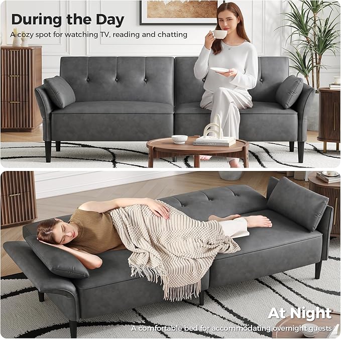 89” Futon Sofa Bed,Futon Couch Bed with 2 Square Pillows,Convertible Sleeper Sofa with Adjustable Backrest& Armrests, Modern Loveseat Sleeper for Living Room, Bedroom,Faux Leather Light Gray