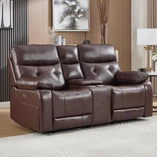 CANMOV Genuine Leather Power Recliner Loveseat, 2 Seat Loveseat Reclining Sofa with Storage Console,Hidden Cup Holders,Modern Electric Recliner Couch Set for Living Room, Bedroom,Dark Brown