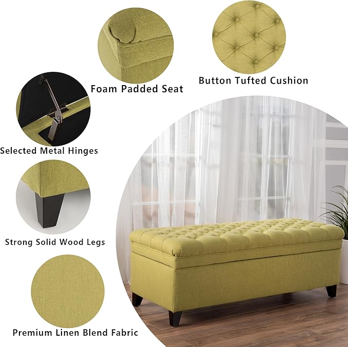 Setawix Linen Storage Benches for Bedroom,50" Bed End Bench with Storage,Tufted Green Storage Ottoman Bench for Living Room,Rectangle Entryway Benches with Storage and Seating (Olive Green, Linen)