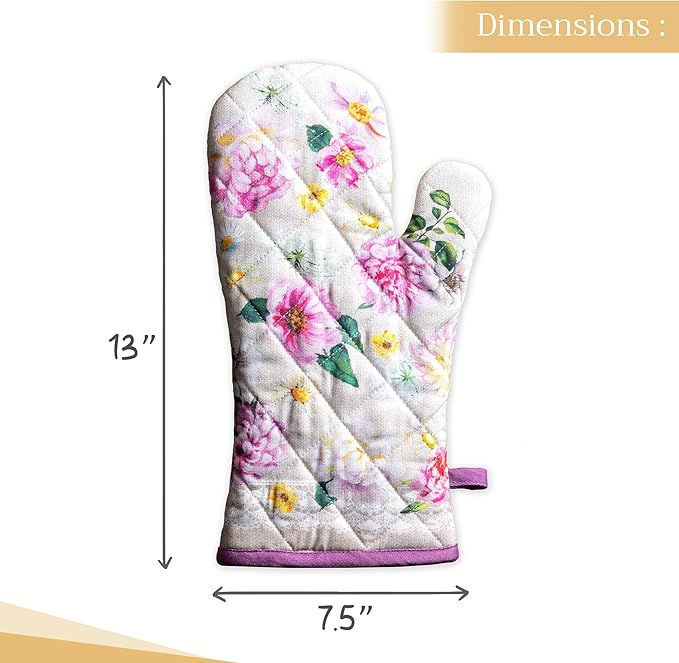 Maison d' Hermine Oven Gloves 100% Cotton Oven Mitt 7" x 13" with Loop Heat Resistant, BBQ, Cooking Gloves, Baking, Grilling, Kitchen, Handling Hot Pans Spring/Summer (Pack of 1, Pivoine)