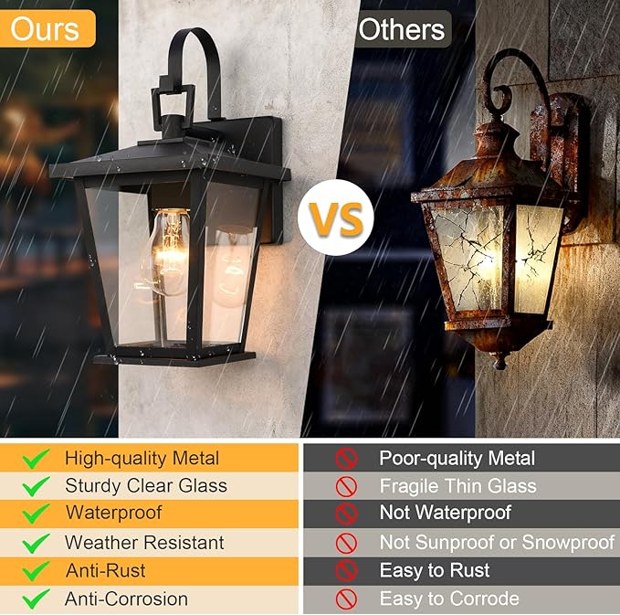 Kalium Outdoor Wall Lantern 2 Pack, Waterproof Exterior Wall Mount Light with Clear Glass in Black Finish, Porch Outside Lighting for Entryway, Backyard, Patio, E26 Base, Clear Glass 12.5 in