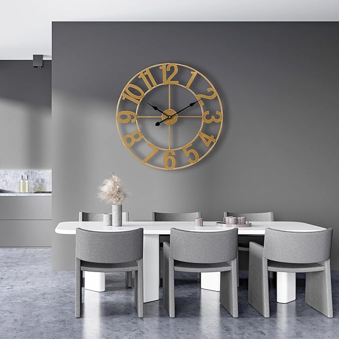 Sorbus 24-Inch Large Wall Clock – Decorative Gold Metal Clock with Black Hands – Silent, Battery Operated, Modern Wall Decor for Living Room, Kitchen, or Office – Great Gift for Housewarming or Office