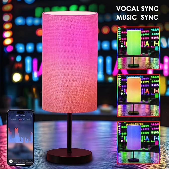 Smart Bedside Table Lamp for Bedroom, Modern Bedroom Lamps for Nightstand Decoration, 72 LED Colorful Bulb with APP Control & Music Sync & Timer, Desk Light for Home Office Living Room (Black Round)