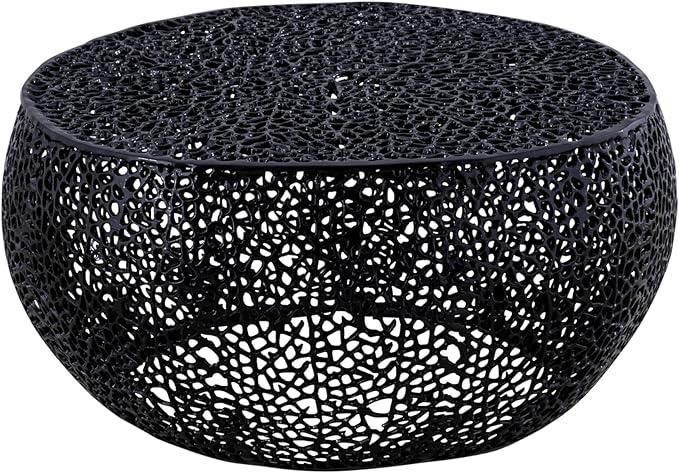 Modern Contemporary Round 32" Coffee Table, Solid Aluminum intrigued Design, Drum Shaped Mesh Cocktail Table, Creative Center Table for Living Room and Bedroom, Casted in Black