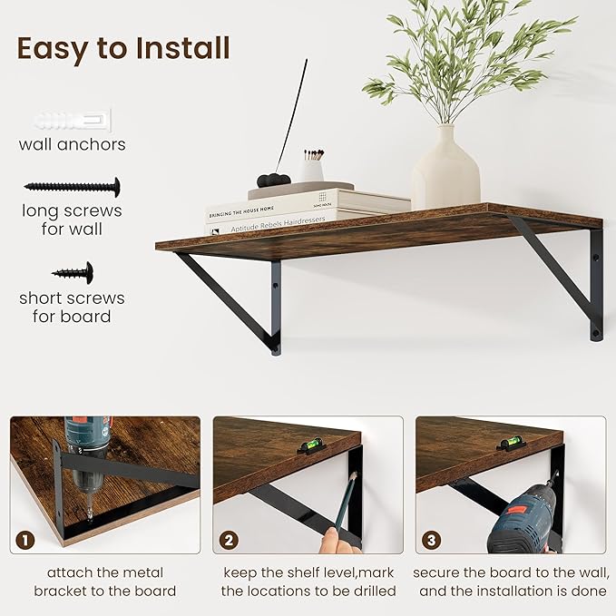 Fun Memories Deep Floating Shelves for Wall, 24W x 8D Wall Mounted Shelves Set of 2, Wide Display Ledge Shelf with Sturdy Metal Brackets for Living Room, Bathroom, Bedroom and Kitchen, Rustic Brown