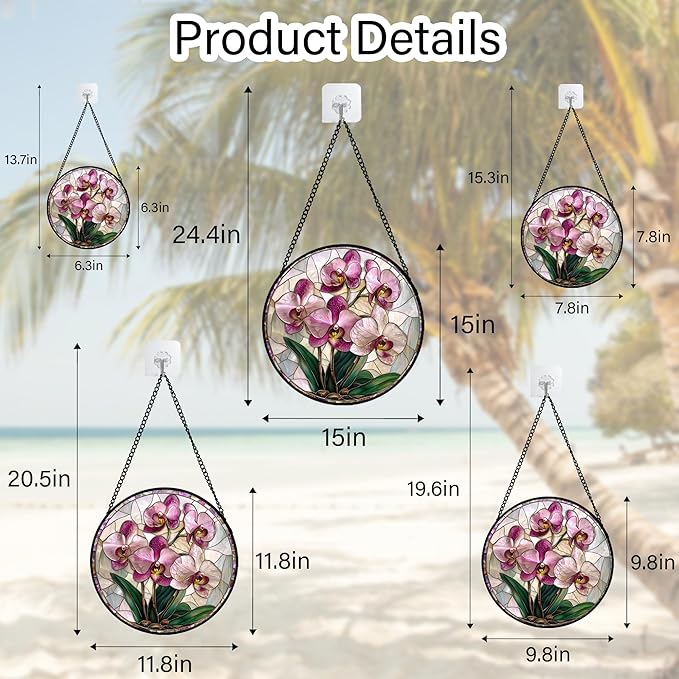 Stained Glass Window Hanging - Pink Purple Phalaenopsis Flowers Sun Catcher for Door Home Decor Plant Suncatcher Christmas Mother's Day Birthday Gifts for Women Men Mom Nana 6.3 in