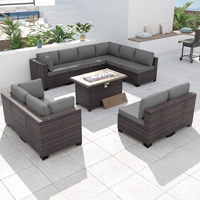 Kurapika 11 Pieces Patio Furniture Set, Rattan Wicker Outdoor Conversation Sets w/43in Propane Fire Pit Table and 4 Inch Cushion(Grey)