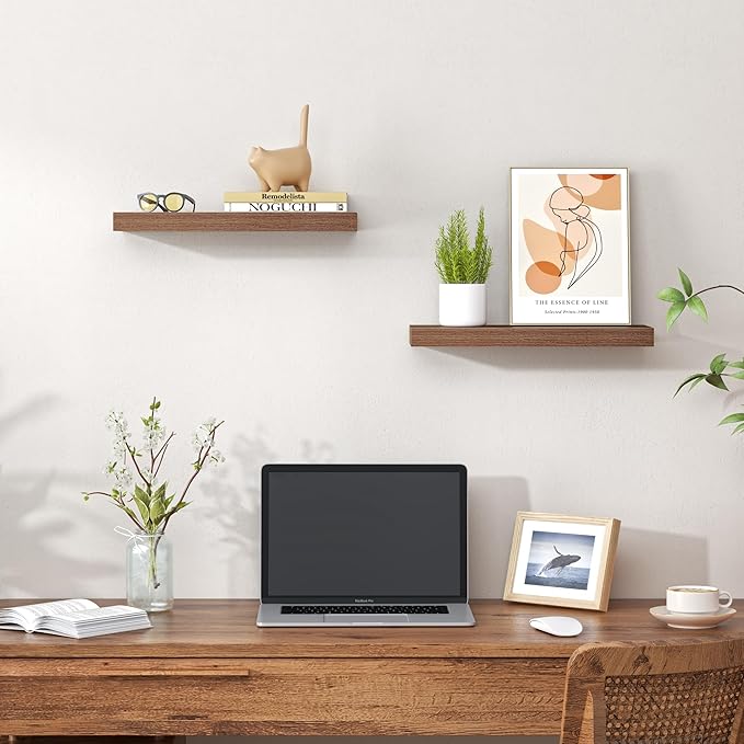 Heimlove Floating Shelves for Wall,16 inchs Shelf for Small Bathroom,Mounted Storage & Display Shelves for Bedroom,Living Room,Kitchen,Office,Set of 2,Walnut Color