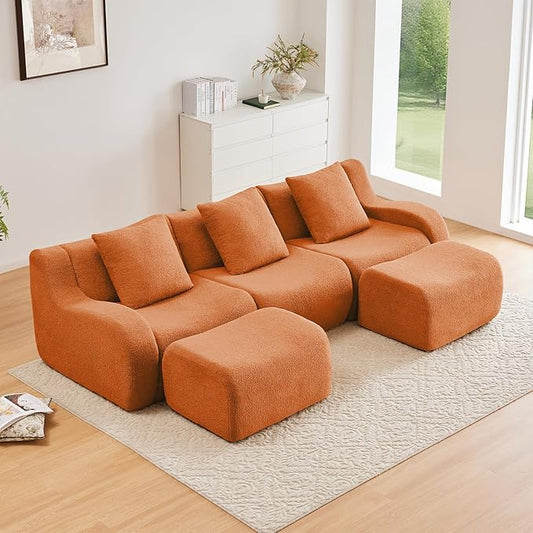 Orange U-Shaped Cloud Couch with 2 Ottomans, Modern Teddy Fabric Boneless Sectional Sofa in a Box for Living Room, Modular Floor Couch, Deep Seat, No Assembly Required, Sofas para Sala