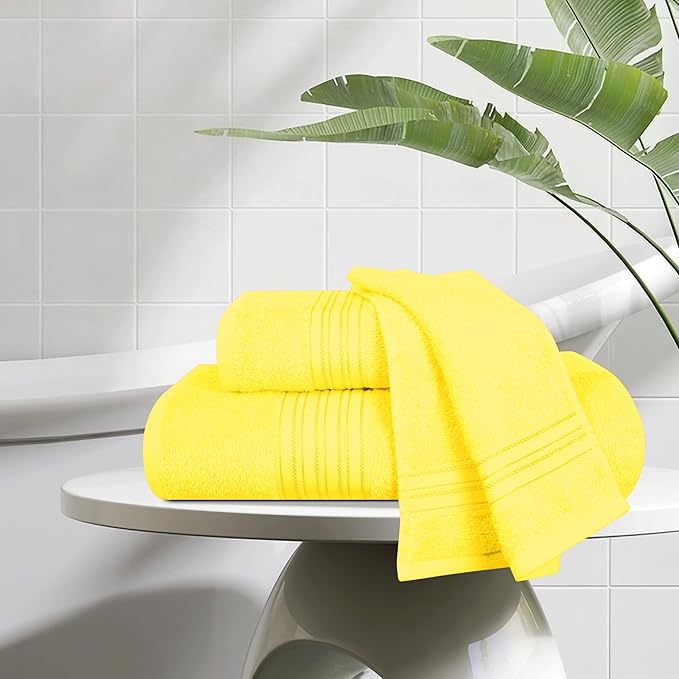 BOUTIQUO Ultra Soft 3 Pack Cotton Towel Set, Contains a Bath Towels 28x55 inch, a Hand Towels 16x24 inch & a Wash Coths 12x12 inch, Ideal Everyday use, Compact & Lightweight - Lime Yellow