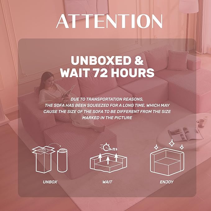 138" Boneless Couch with Deep Seat, Modular Sectional Sofa, Cloud Sectional Couch for Living Room, No Assembly Required, Corduroy, U-Shape 4 Seater Right, Pink