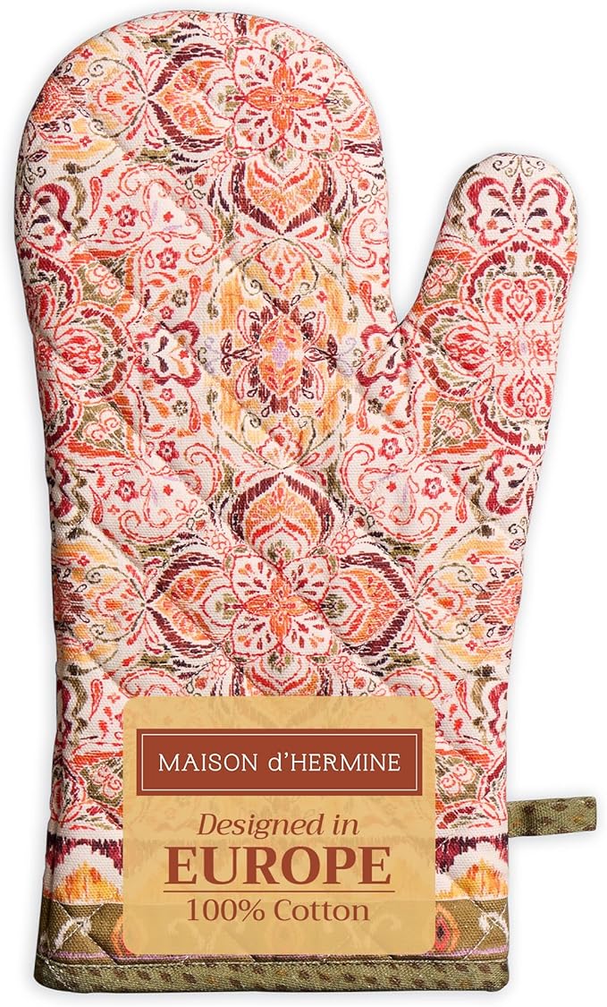 Maison d' Hermine Oven Gloves 100% Cotton Oven Mitt 7" x 13" with Loop Heat Resistant BBQ Cooking Gloves for Thanksgiving Christmas Decorations Baking Handling Hot Pans (Pack of 1, Damask)