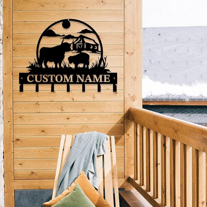 Personalized Highland Cow Metal Keys Hooks,Custom Name Metal Highland Cow Keys Hooks,Black Metal Highland Cow Wall Home Storage Decorative Keys Hooks,Key Holder Hooks for Wall (Style J)