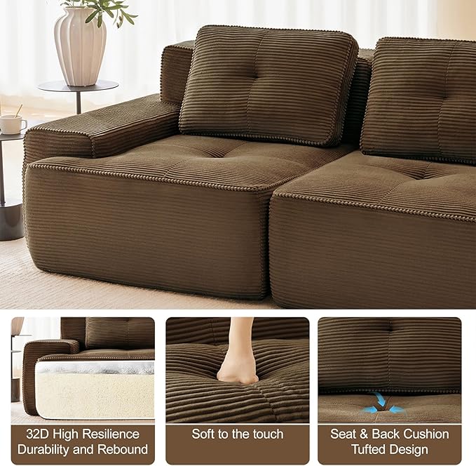 150" Modern Compressed Boneless Couch, 4 Seater Sectional Couches for Living Room, Brown Corduroy Cloud Modular Sectional Sofa, Comfy Memory Foam, Extra Deep, Sofas para Sala, No Assembly