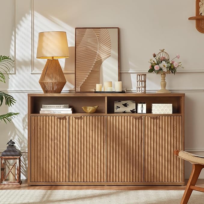 LEYAOYAO Fluted Buffet Cabinet with Storage, 55" Wide Wood Sideboard Credenza with 4 Doors & Open Storage Shelf, Modern Kitchen Console Accent Cabinets, Coffee Bar Table for Dining Room, Tea Brown
