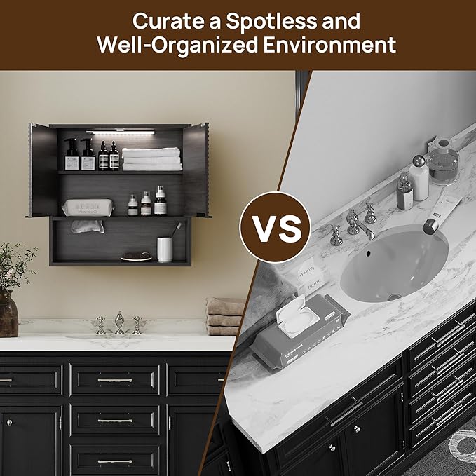 Bathroom Storage Cabinet with Motion Sensor LED Light, Wooden Medicine Cabinet Wall Mounted Cupboard with Disposable Face Towels Hole, Over Toilet Storage Cabinet and Adjustable Shelf (Grey)