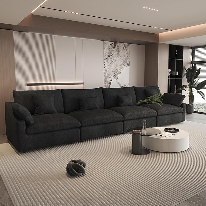 WJShome 160" Cloud Couch Sectional for Living Room, Down Filled Modular Sectional Sofa,4 Seater Convertible Couch, Sofa Covers Washable&Replaceable,Black