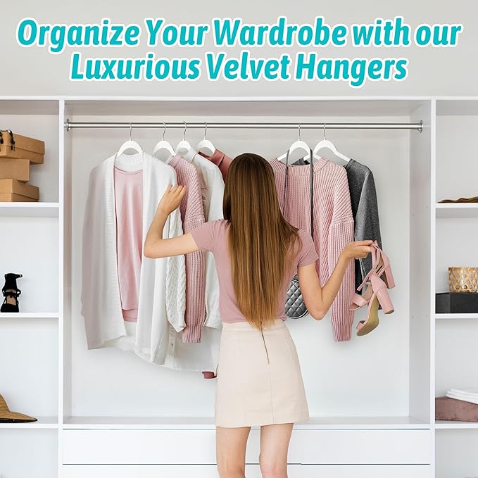 Premium Velvet Shirt Hangers 50 Pack, Non-Slip 360° Swivel Hook Slim Felt Hanger, Space Saving Flocked Hangers for Tank Tops, Blouses, Strappy Dresses(White)