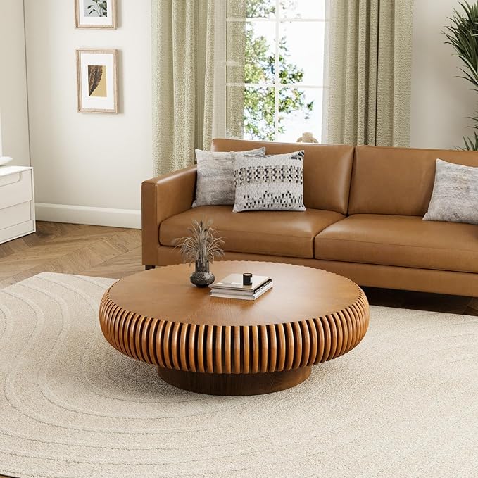 Round Drum Coffee Table for Living Room, Mid Century Modern Coffee Table with Sturdy Pedestal, Farmhouse Fluted Circle Center Table Accent Tea Table for Apartment (Large Brown)