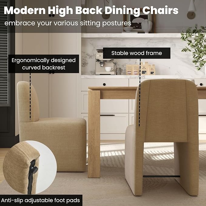 Khaki Upholstered Chenille Dining Chairs Set of 4, Mid Century Modern Dining Room Chairs with Deep Seat & Curved Back, Armless Side Chair Comfy Kitchen Chairs for Living Room/Kitchen