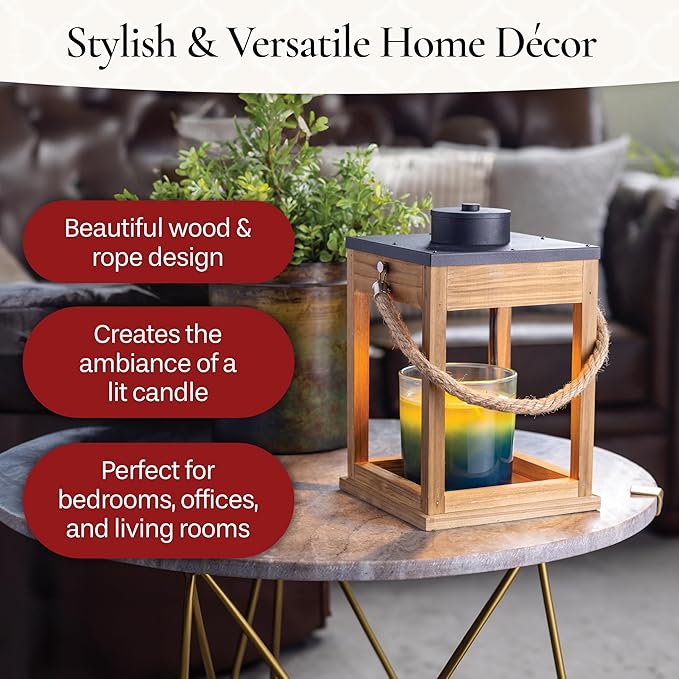 Candle Warmers Etc. Wood & Rope Candle Warmer Lantern – for Top-Down Warming & Flame-Free Fragrance