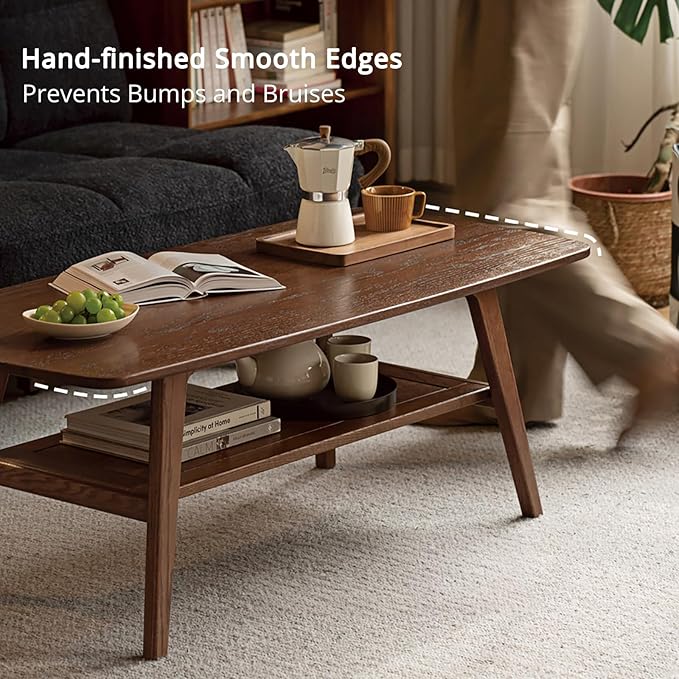 Wood Coffee Table - 100% Solid Oak Wood- 2-Tier Coffee Table with Storage for Living Room, Eco-Friendly Finish, Easy Assembly (Walnut, 47.24" D x 22.04" W x 17.32" H)