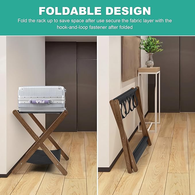 VASMIA Luggage Rack, Folding Suitcase Stand with Storage Shelf,Bamboo Luggage Stand for Guest Room,Bedroon and Hotel,Holds up to 131 lb,Fit Most Luggage Size,Walnut