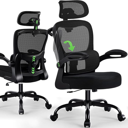Office Chair Ergonomic Desk Chairs with Adjustable Lumbar Support& Headrest Hanger, High Back Breathable Mesh Chair with Wheels, Rolling Swivel Comfy Task Computer Chair for Home Work Gaming