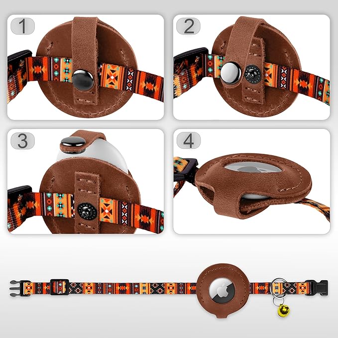 Airtag Cat Collar with Bell - Non Breakaway Soft Pet Collar with Leather Air Tag Holder - Adjustable GPS Anti-Lost Collars for Girl Boy Cats Kitten Puppies, Lightweight and Patterned (Tribal Orange)