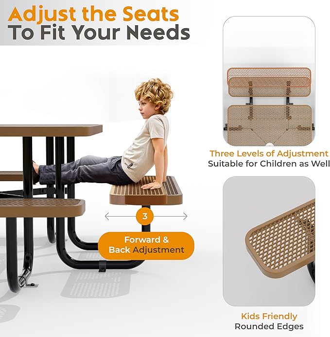 Metal Picnic Tables for Outdoors with Umbrella Hole - Coated Steel Heavy Duty Commercial Grade Furniture with Adjustable Seats (Brown, 46 in, Square, Expanded Steel)