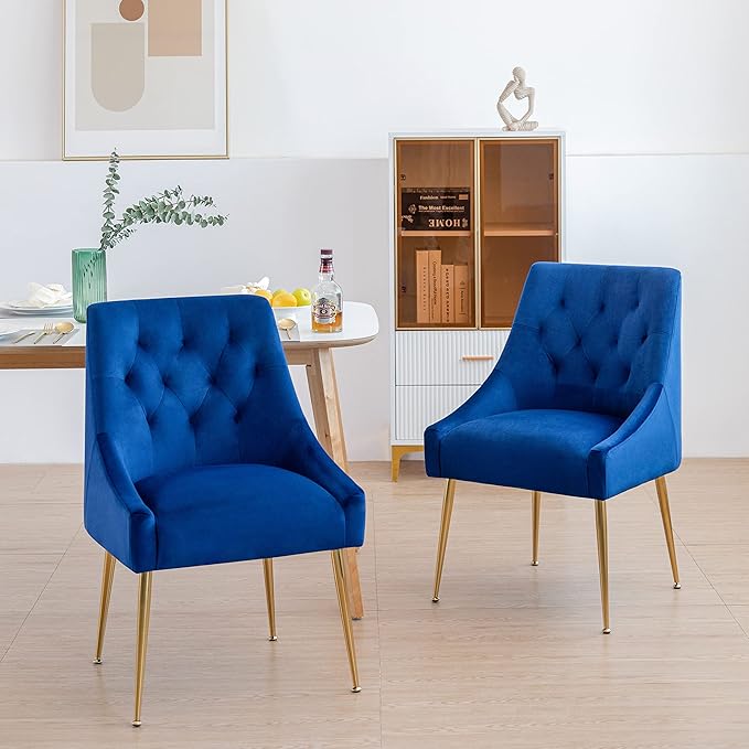 Modern Dining Chair Set of 2, Mid-Century Room Chair, Upholstered Comfortable Velvet with Back Pull Rod and Metal Legs for Kitchen, Dining, Living (Blue), (DYXSD)
