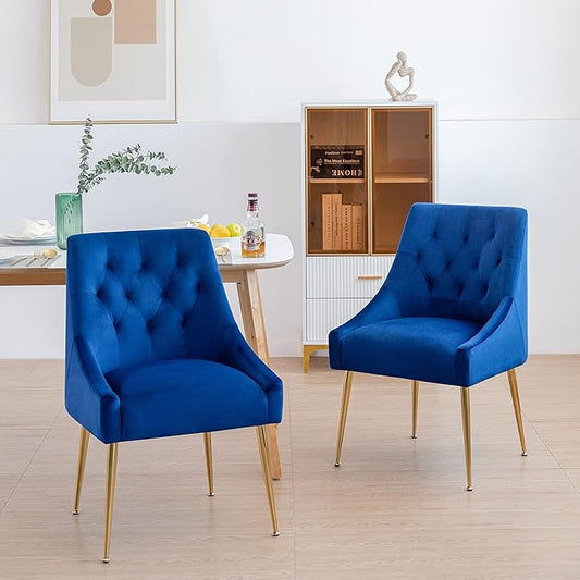 Modern Dining Chair Set of 2, Mid-Century Room Chair, Upholstered Comfortable Velvet with Back Pull Rod and Metal Legs for Kitchen, Dining, Living (Blue), (DYXSD)