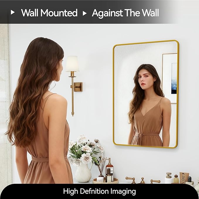 20x30 Rectangle Mirror Full Length Wall Mounted Hanging or Against Wall Metal Frame Dressing Make-up Mirrors for Entryway Bedroom Bathroom Living Room 20 30 inch Gold