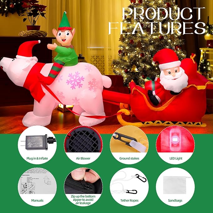 Max Fun 9.5Ft Christmas Inflatables Outdoors Decorations Santa Claus on Sleigh LEDs Build-in Blow Up Christmas Yard Inflatable Decoration for Outdoor Indoor Garden Lawn