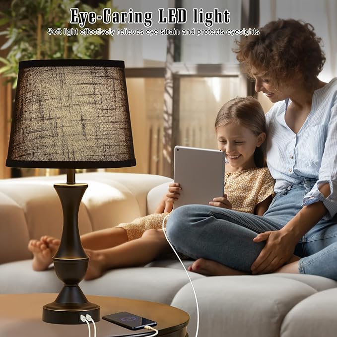Luvkczc Black Touch Table Lamps Set of 2, 22" Tall Bedside Lamps with USB C+A Charging Ports, Nightstand Lamps for for Bedroom, Living Room, Office, with Black Lampshade, LED Bulb Included