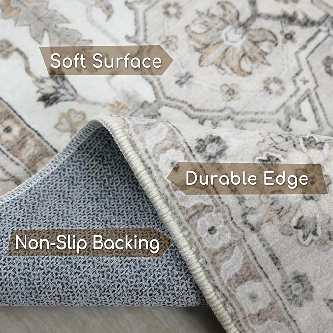 Area Rug 5x7, Machine Washable Rugs for Bedroom, Large Non Slip Persian Rug for Bedroom Living Room Kitchen Entryway Bathroom Office Carpet Brown…