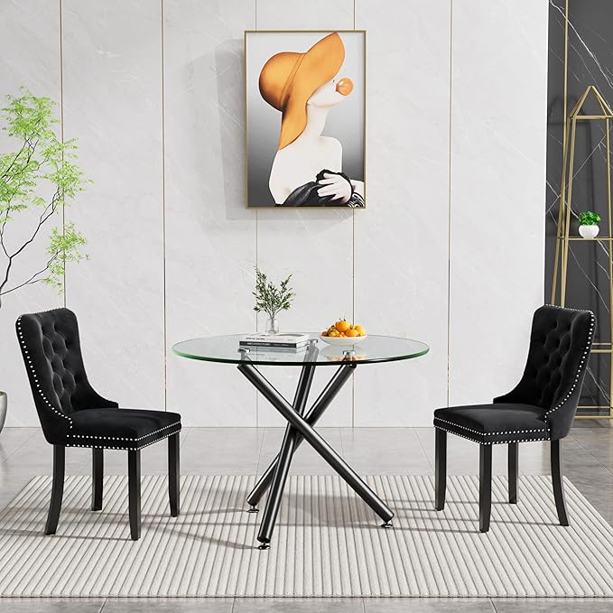 36" Round Glass Dining Room Table for 4 with Tempered Glass Top and Black Metal Tube Legs, Modern Clear Kitchen and Dinner Table for Home Office Dining Room