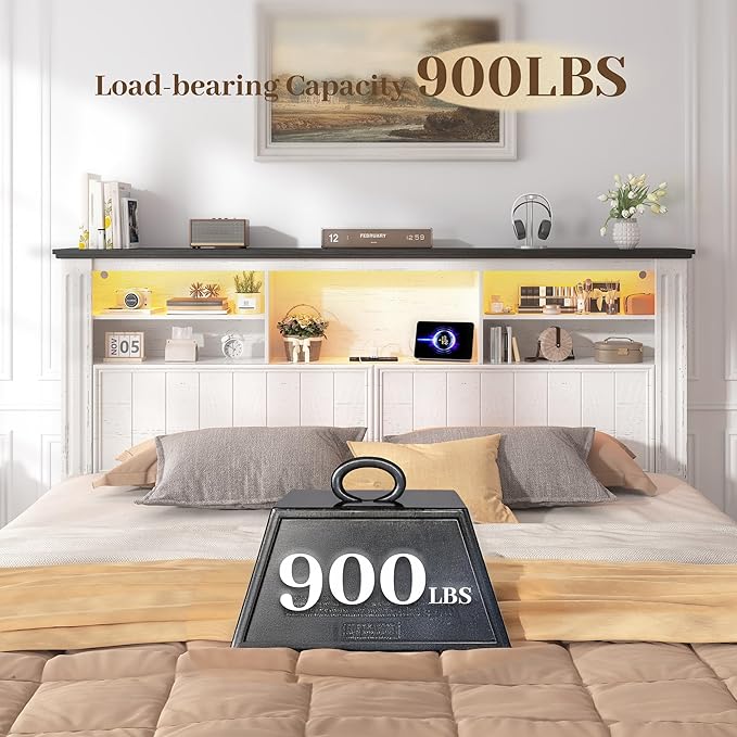 EnHomee Queen Bed Frame with Headboard, Bed Frame Queen Size with 4 Storage Drawers, Queen Bed with LED Lights & Charging Ports,No Box Spring Needed,NO Noise,Wooden, White