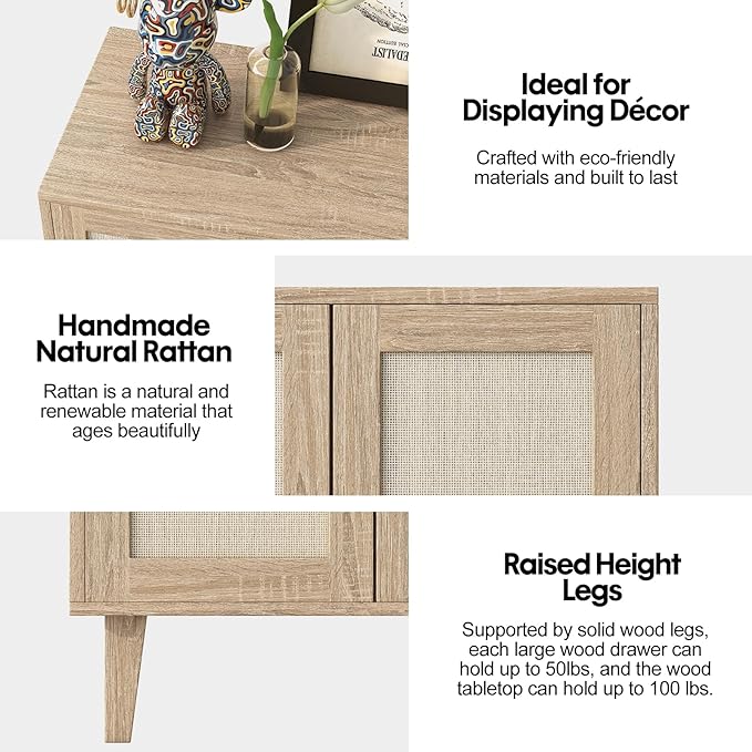 Panana Buffet Cabinet Sideboard with Rattan Decorated Doors Kitchen Storage Cupboard Accent Cabinet (Natural Wood)