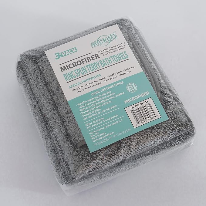 Ring Spun Terry Microfiber Bath Towel Set, 3 Piece, Oversize, Quick Dry, Lint Free, Includes Bath, face, and Hand Towels (Gray)