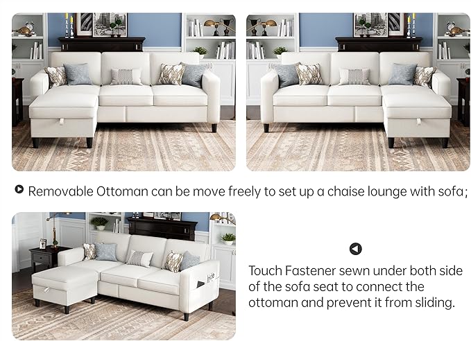 Sectional Sofas Couches for Living Room Convertible 3 Seater L Shaped Couch with Removable Storage Ottoman 78" Modern Linen Beige Sofa for Apartments Studios Dorms Small Spaces