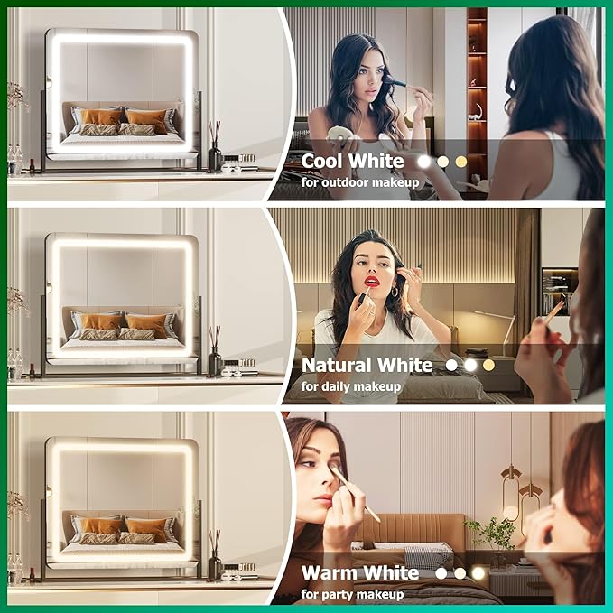 Hasipu Vanity Mirror with Lights, 24.2" x 18.9" LED Make up Mirror, Light up Mirror with 10X Magnification and USB Charging Port, Phone Holder, Smart Touch 3 Colors Dimmable, 360° Rotation (Black)