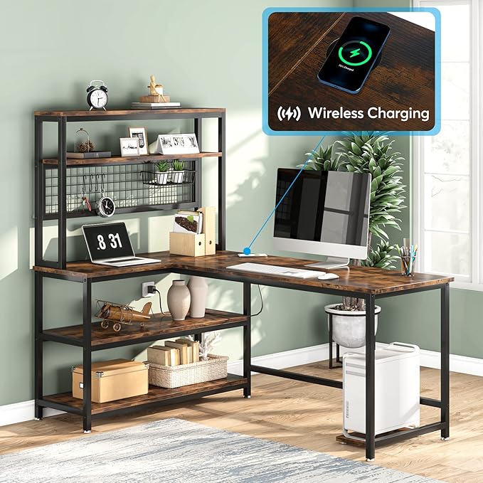 Tribesigns 55" L-Shape Computer Desk with Hutch and Wireless Charging, Office Desk Study Table Writing Desk Workstation with 5 Shelves and Movable CPU Stand for Home Office (Brown)