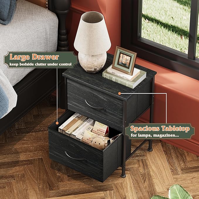 WLIVE Night Stand Set 2, Nightstand with 2 Fabric Drawers, Small Dresser for Bedroom, Bedside Table for Small Spaces, Dorm, Charcoal Black Wood Grain Print