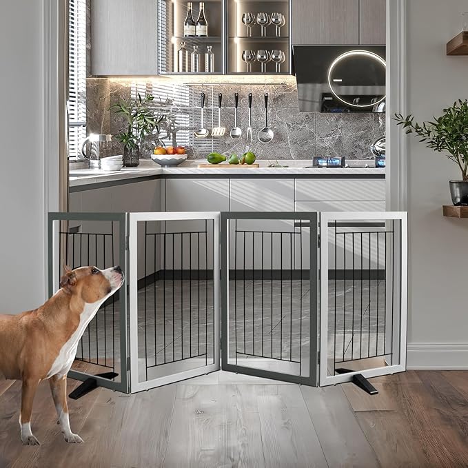 ZJSF Freestanding Dog Gate Indoor, Foldable Dog Fence for Doorways,Hallways or Stairs, Sturdy Wood Extra Wide Pet Gate with Support Feet,Grey,32 "Height-4 Panels