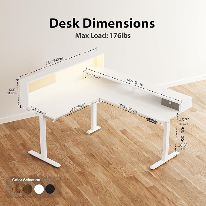 Agilestic L-Shaped Electric Standing Desk, 63x55 Inch Ergonomic Adjustable Height Desk with Storage, Stand Up Corner Desk Sit Stand Computer Table Power Outlet & LED Lights, Office Table, White
