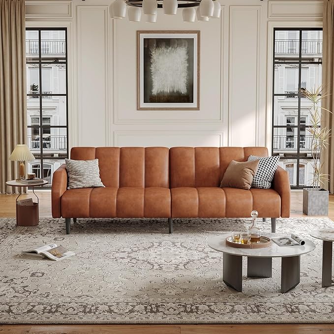 Fadware Faux Leather Couch, Convertible Futon Sofa Bed with Adjustable Backrest, Mid Century Leather Sofa Loveseat with Side Pockets& Metal Leg, Modern Leather Sleeper Sofa for Living Room Bedroom
