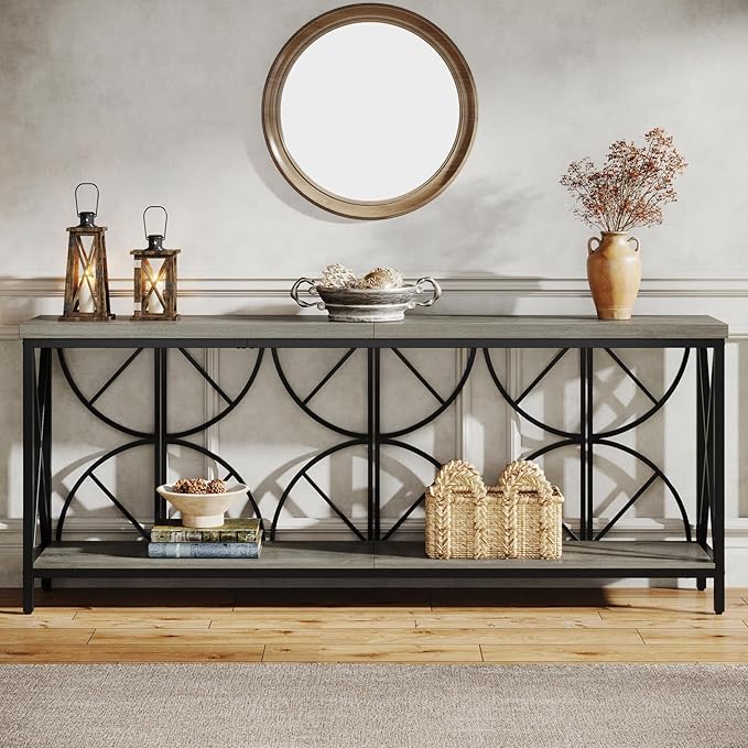 70.9-Inch Extra Long Sofa Table, Narrow Console Table Behind Couch with Storage for Entryway, Living Room, Entrance, Hallway, Foyer, Unique Geometric (Grey)