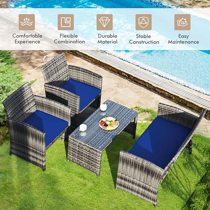 Goplus 4-Piece Rattan Patio Furniture Set, Outdoor Wicker Conversation Sofa with Weather Resistant Cushions and Tempered Glass Tabletop for Lawn Backyard Pool Garden (Blue)