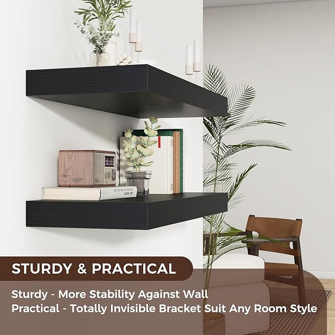 Floating Shelves for Wall, 30" W x 12" D x 2" H, 2 Pack of Long Wall Mounted Engineered Wood Shelves with Invisible Brackets for Living Room, Bedroom, Bathroom, Kitchen Decor, Black